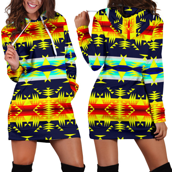 Between the Mountains Navy Yellow Hoodie Dress