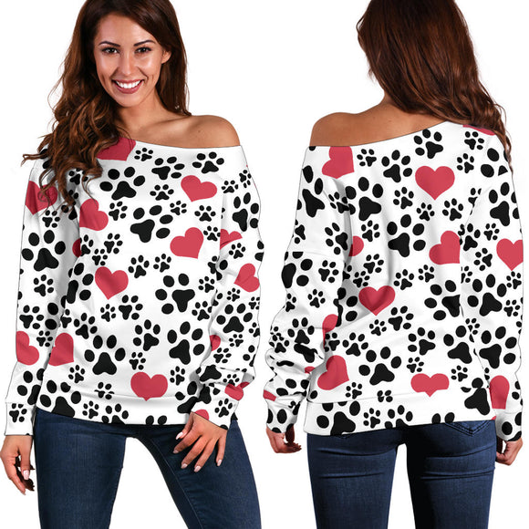 Women`s Off Shoulder Dog Paw and Heart Sweater