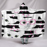 B/W Stripped Cats with Glasses Hooded Blanket
