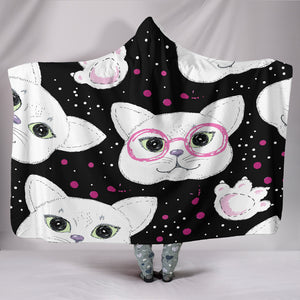Cat with Glasses Hooded Blanket (Black)