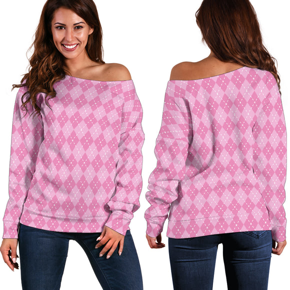 Pink Argyle Women's Off Shoulder Sweater