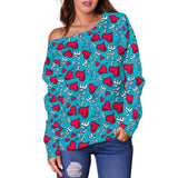 Women`s Off Shoulder Hearts Sweater