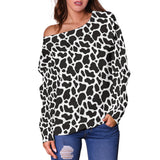 Women's Cow Animal Print Off Shoulder Sweater
