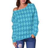 Blue Argyle Womens Off Shoulder Sweater