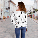 Women's Off Shoulder Black/White Paw Prints Sweater
