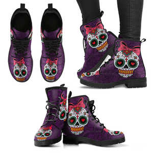 Sugar Skull Purple Vegan Leather Women's Boots